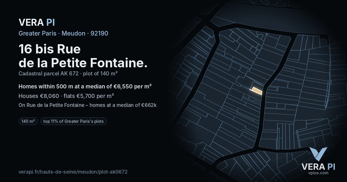 16 bis Rue de la Petite Fontaine, Meudon at night – the plot lit, the parcels around coloured by the prices near them