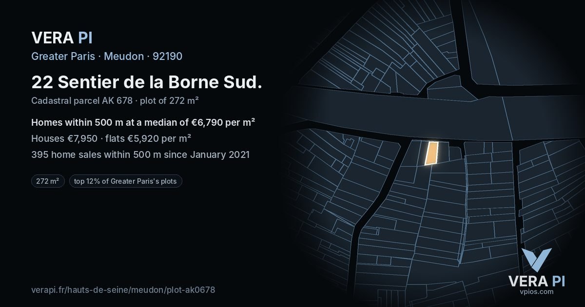22 Sentier de la Borne Sud, Meudon at night – the plot lit, the parcels around coloured by the prices near them