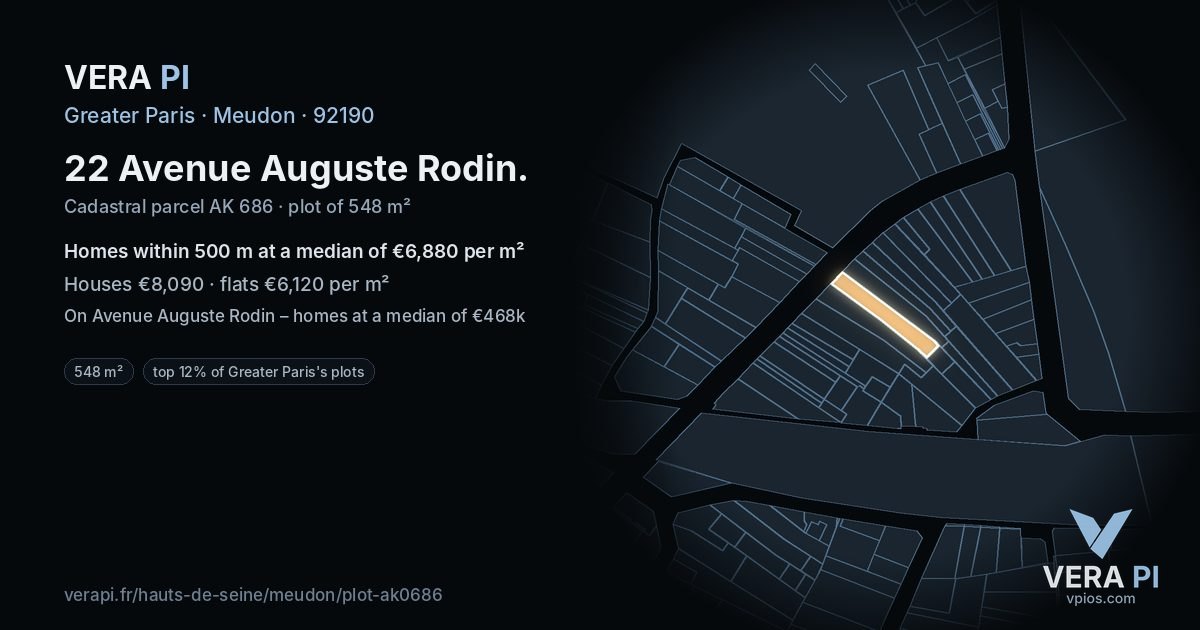 22 Avenue Auguste Rodin, Meudon at night – the plot lit, the parcels around coloured by the prices near them
