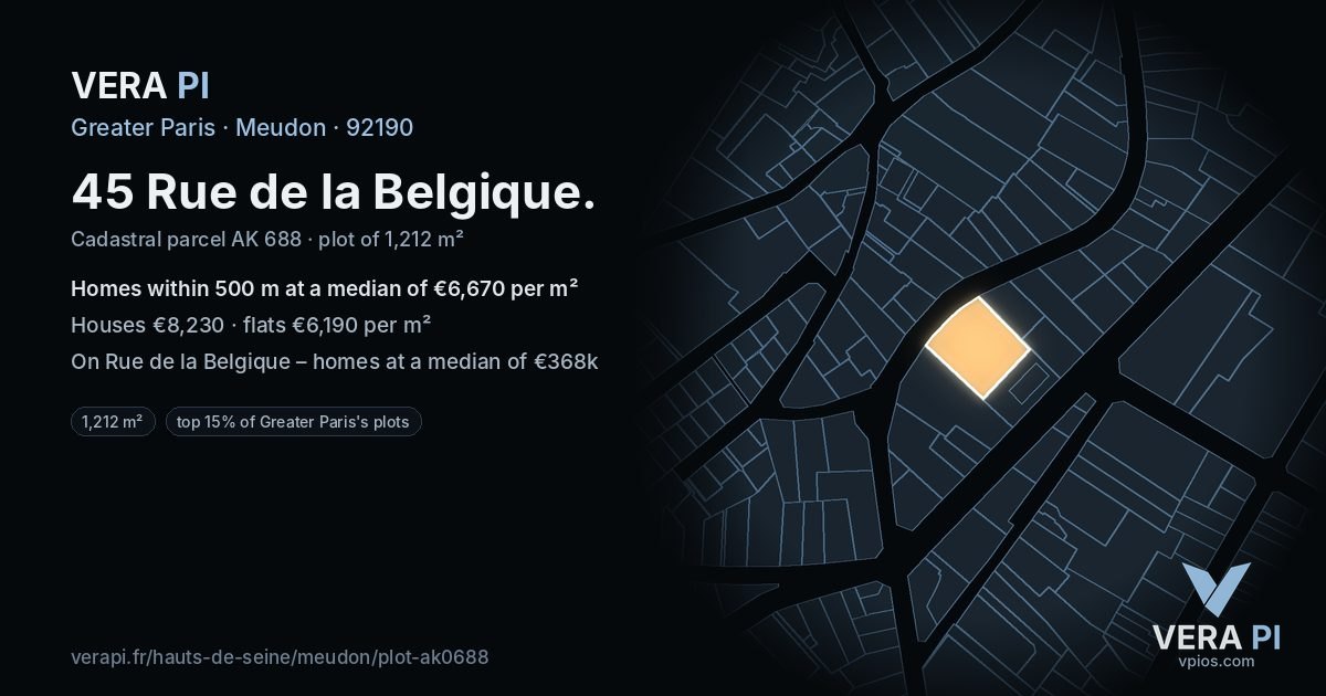 45 Rue de la Belgique, Meudon at night – the plot lit, the parcels around coloured by the prices near them