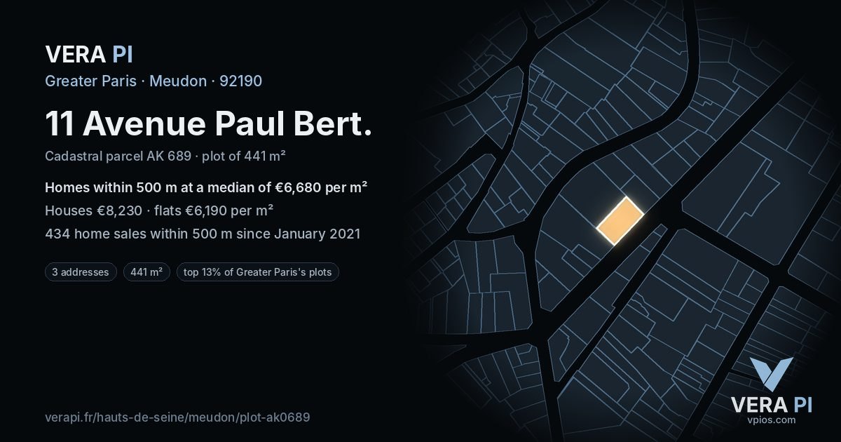 11 Avenue Paul Bert, Meudon at night – the plot lit, the parcels around coloured by the prices near them