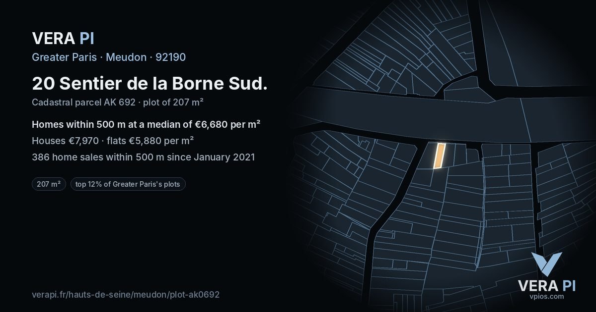 20 Sentier de la Borne Sud, Meudon at night – the plot lit, the parcels around coloured by the prices near them