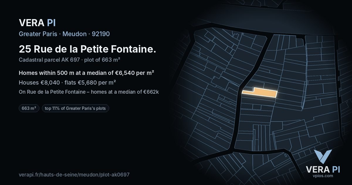 25 Rue de la Petite Fontaine, Meudon at night – the plot lit, the parcels around coloured by the prices near them