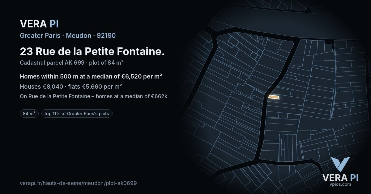 23 Rue de la Petite Fontaine, Meudon at night – the plot lit, the parcels around coloured by the prices near them