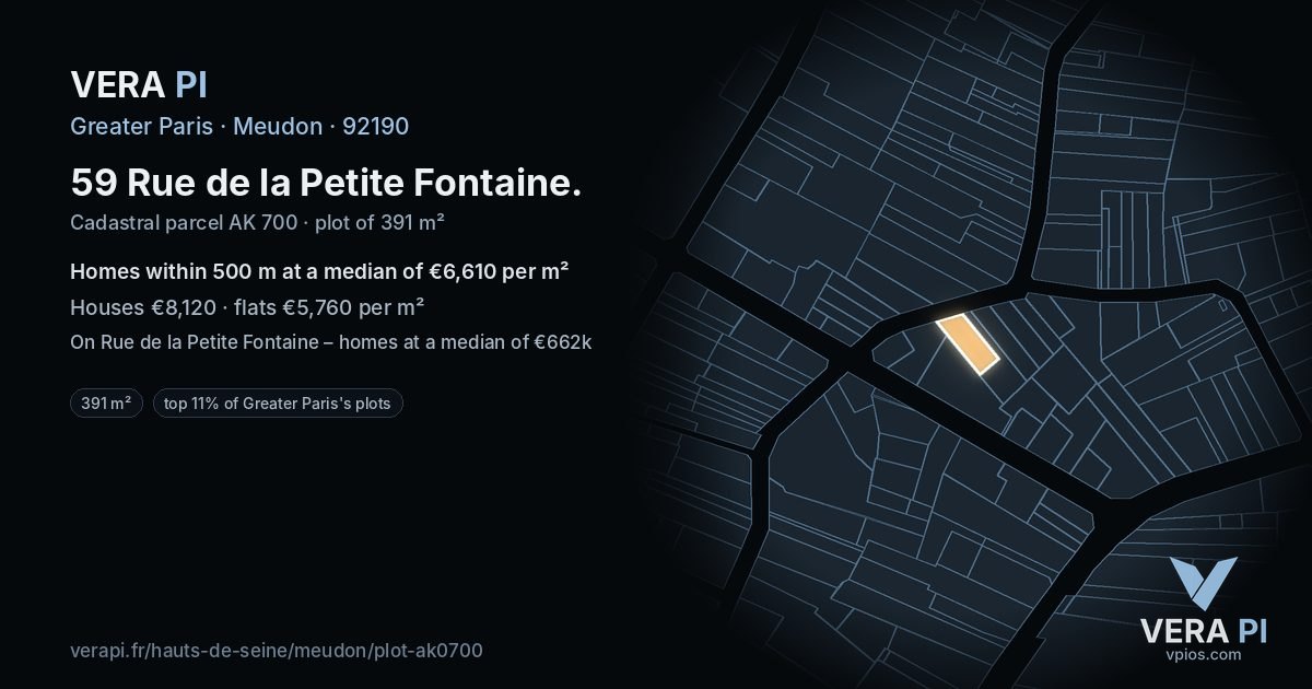 59 Rue de la Petite Fontaine, Meudon at night – the plot lit, the parcels around coloured by the prices near them