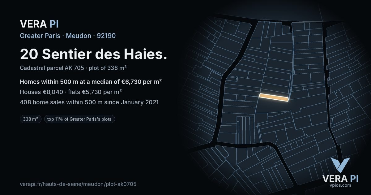 20 Sentier des Haies, Meudon at night – the plot lit, the parcels around coloured by the prices near them