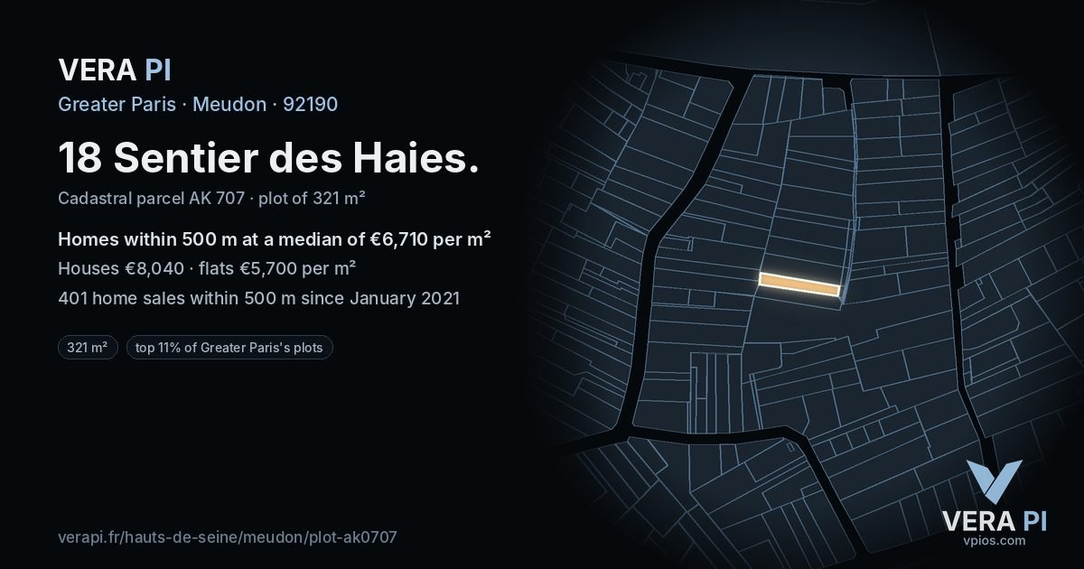 18 Sentier des Haies, Meudon at night – the plot lit, the parcels around coloured by the prices near them