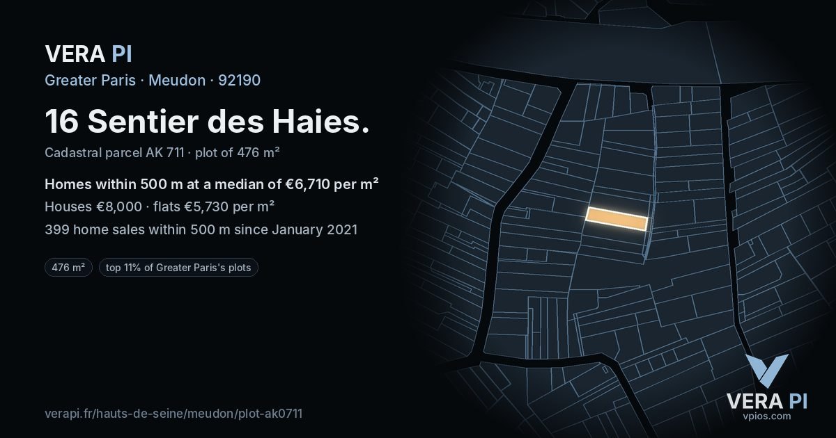 16 Sentier des Haies, Meudon at night – the plot lit, the parcels around coloured by the prices near them