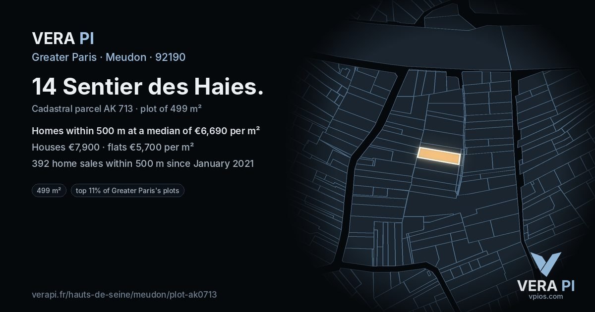 14 Sentier des Haies, Meudon at night – the plot lit, the parcels around coloured by the prices near them