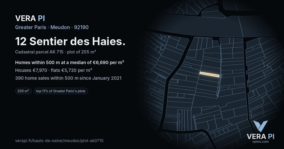 12 Sentier des Haies, Meudon at night – the plot lit, the parcels around coloured by the prices near them