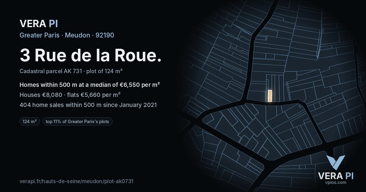 3 Rue de la Roue, Meudon at night – the plot lit, the parcels around coloured by the prices near them