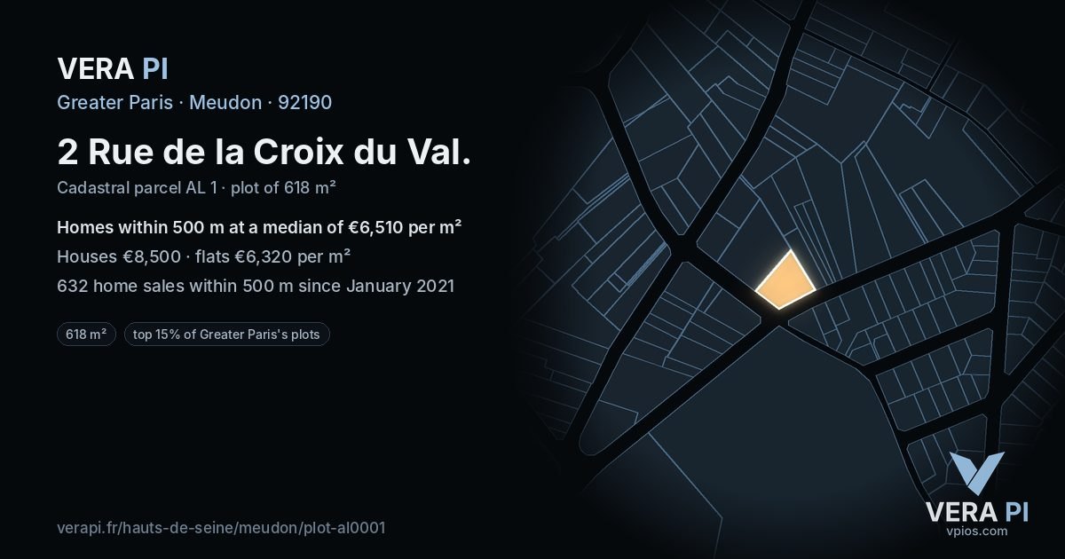 2 Rue de la Croix du Val, Meudon at night – the plot lit, the parcels around coloured by the prices near them