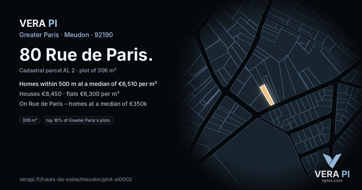 80 Rue de Paris, Meudon at night – the plot lit, the parcels around coloured by the prices near them