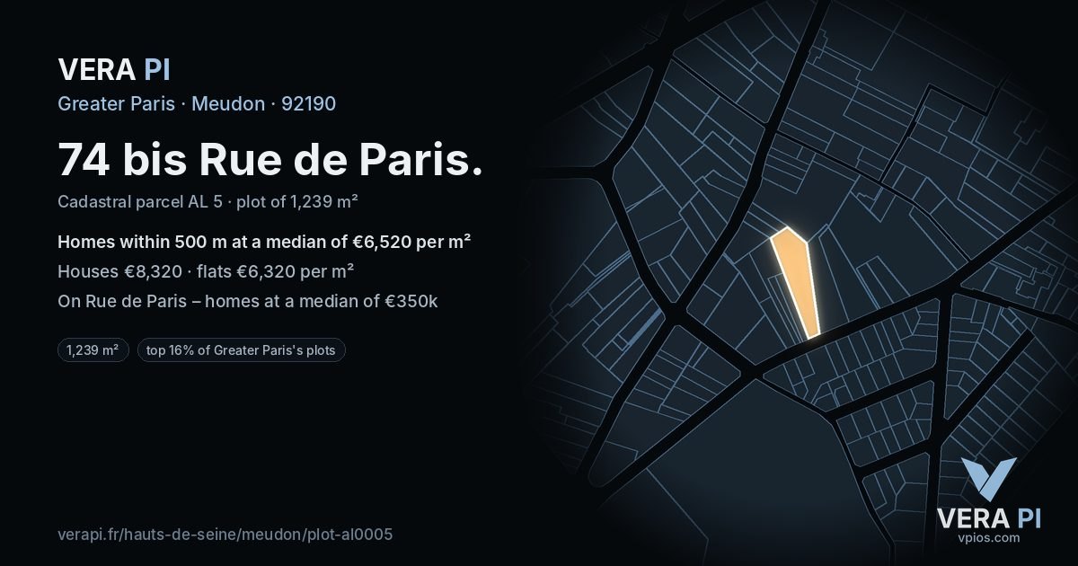 74 bis Rue de Paris, Meudon at night – the plot lit, the parcels around coloured by the prices near them