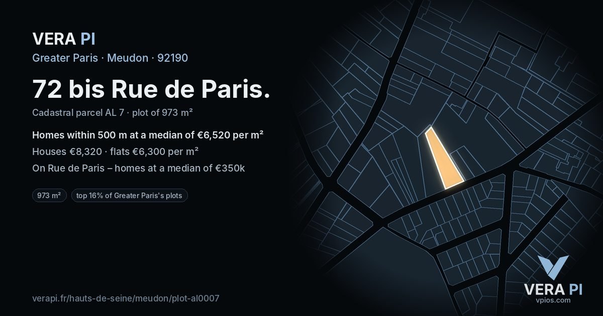 72 bis Rue de Paris, Meudon at night – the plot lit, the parcels around coloured by the prices near them