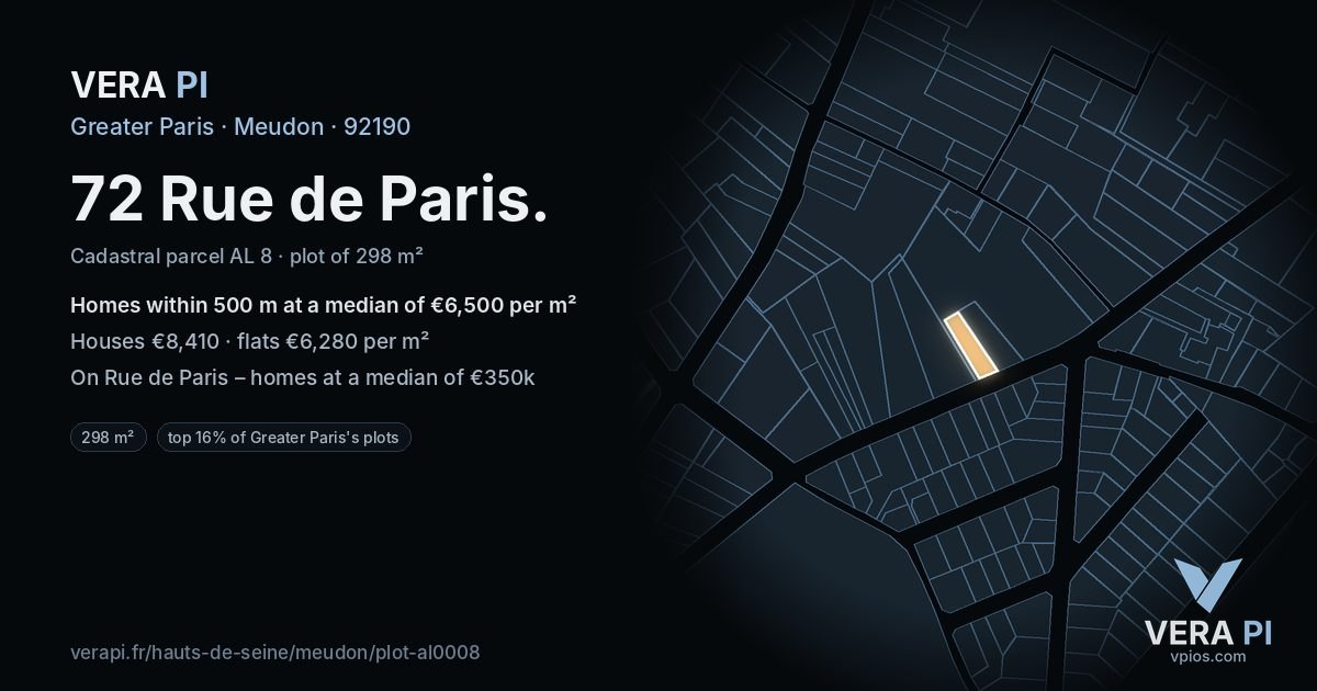 72 Rue de Paris, Meudon at night – the plot lit, the parcels around coloured by the prices near them