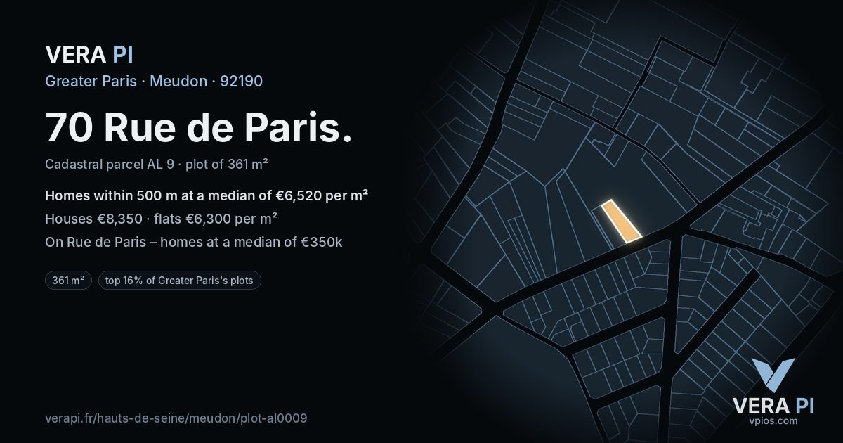 70 Rue de Paris, Meudon at night – the plot lit, the parcels around coloured by the prices near them