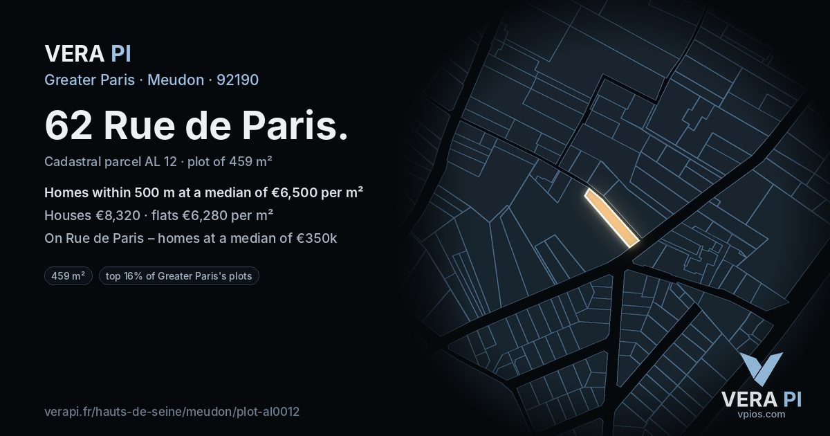 62 Rue de Paris, Meudon at night – the plot lit, the parcels around coloured by the prices near them
