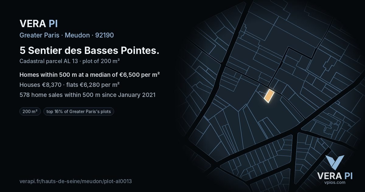 5 Sentier des Basses Pointes, Meudon at night – the plot lit, the parcels around coloured by the prices near them