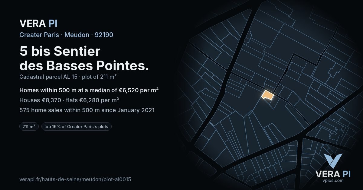 5 bis Sentier des Basses Pointes, Meudon at night – the plot lit, the parcels around coloured by the prices near them