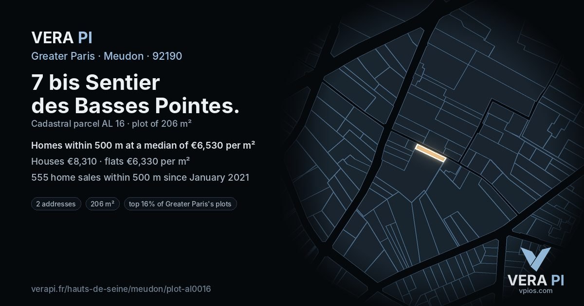 7 bis Sentier des Basses Pointes, Meudon at night – the plot lit, the parcels around coloured by the prices near them
