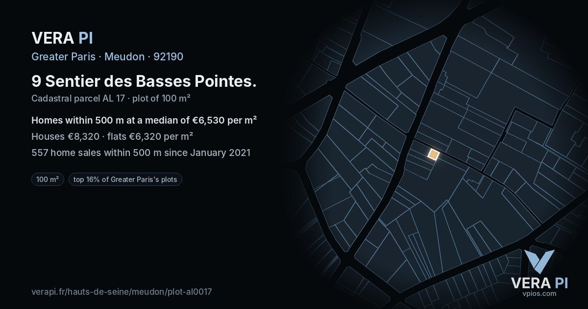 9 Sentier des Basses Pointes, Meudon at night – the plot lit, the parcels around coloured by the prices near them