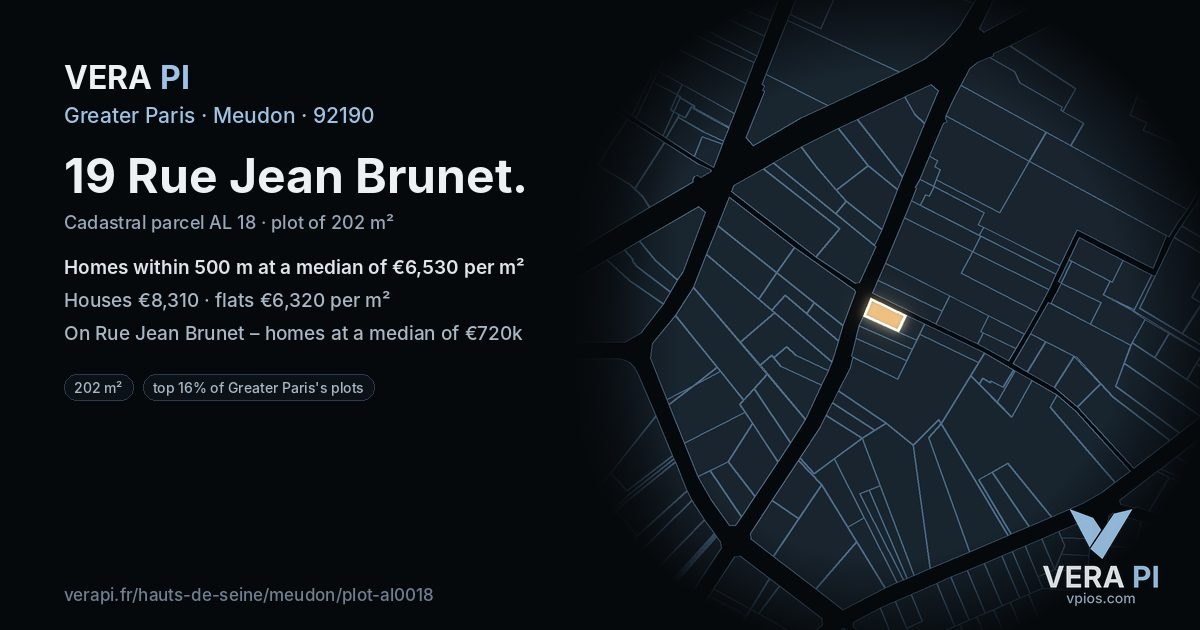 19 Rue Jean Brunet, Meudon at night – the plot lit, the parcels around coloured by the prices near them