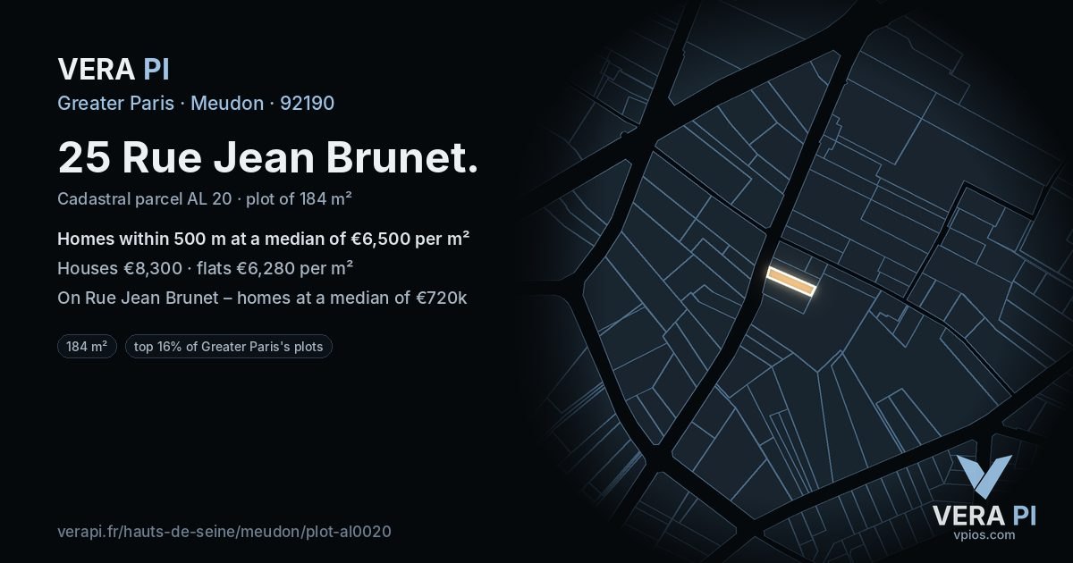 25 Rue Jean Brunet, Meudon at night – the plot lit, the parcels around coloured by the prices near them