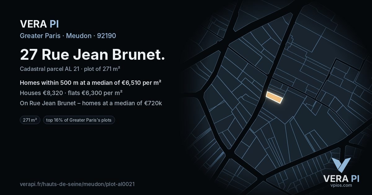 27 Rue Jean Brunet, Meudon at night – the plot lit, the parcels around coloured by the prices near them