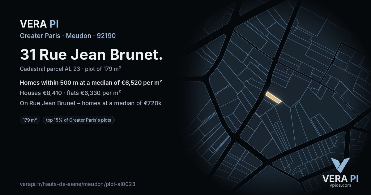 31 Rue Jean Brunet, Meudon at night – the plot lit, the parcels around coloured by the prices near them