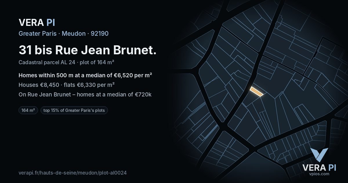 31 bis Rue Jean Brunet, Meudon at night – the plot lit, the parcels around coloured by the prices near them