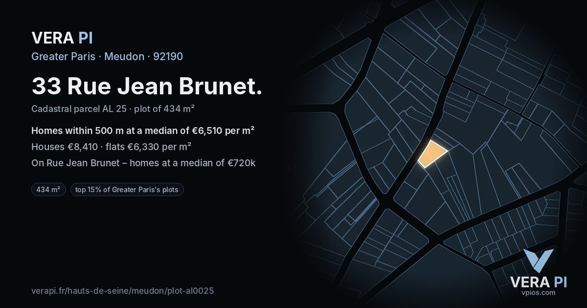 33 Rue Jean Brunet, Meudon at night – the plot lit, the parcels around coloured by the prices near them