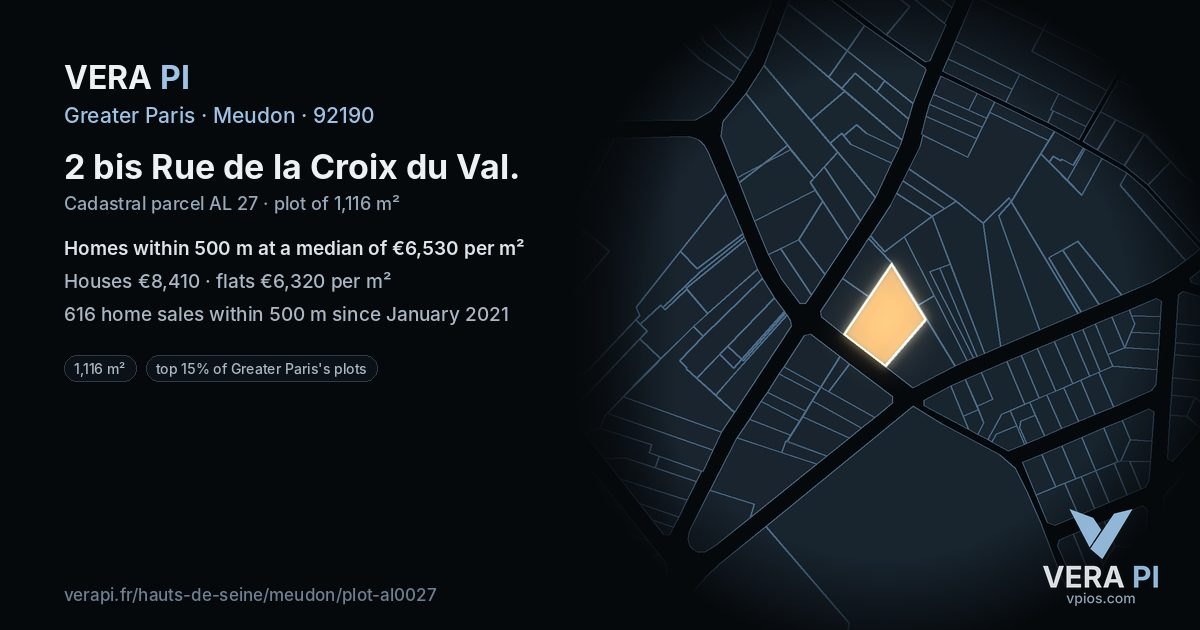 2 bis Rue de la Croix du Val, Meudon at night – the plot lit, the parcels around coloured by the prices near them