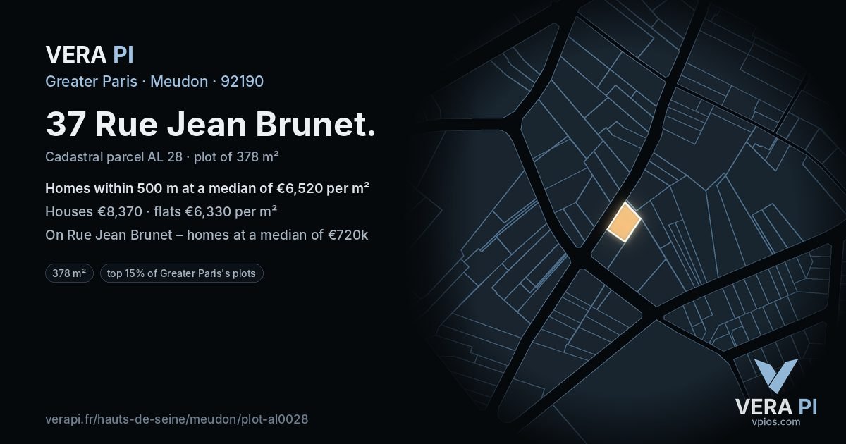37 Rue Jean Brunet, Meudon at night – the plot lit, the parcels around coloured by the prices near them