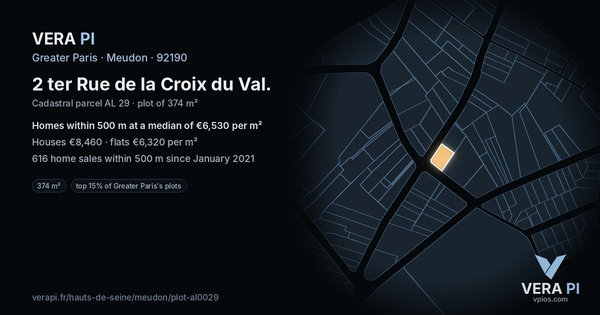 2 ter Rue de la Croix du Val, Meudon at night – the plot lit, the parcels around coloured by the prices near them