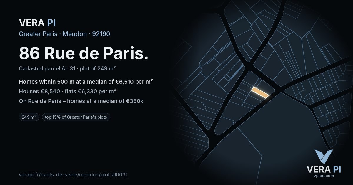 86 Rue de Paris, Meudon at night – the plot lit, the parcels around coloured by the prices near them