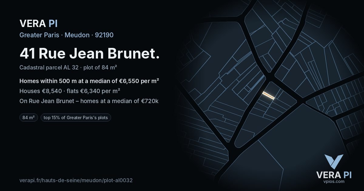 41 Rue Jean Brunet, Meudon at night – the plot lit, the parcels around coloured by the prices near them