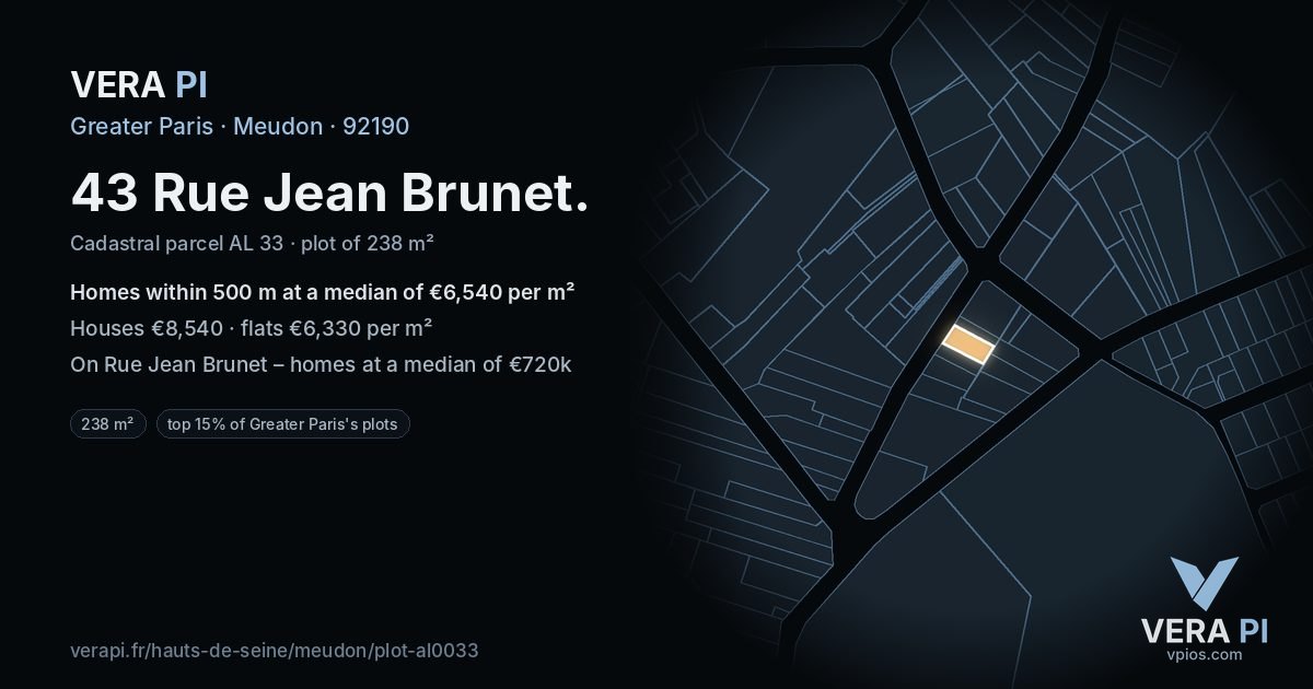 43 Rue Jean Brunet, Meudon at night – the plot lit, the parcels around coloured by the prices near them