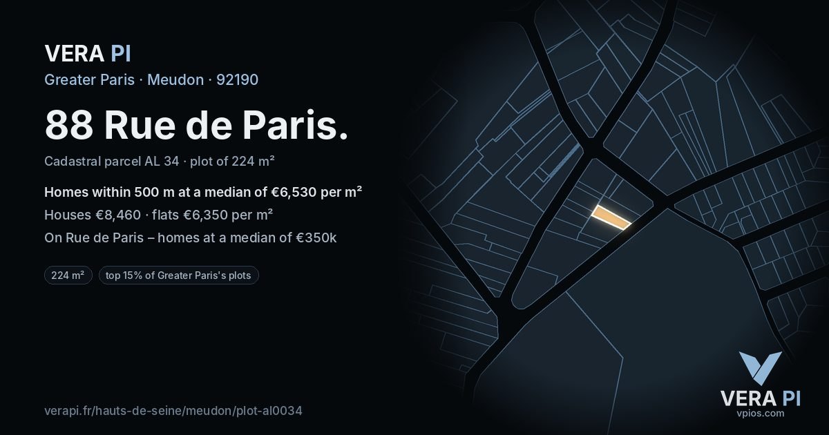 88 Rue de Paris, Meudon at night – the plot lit, the parcels around coloured by the prices near them