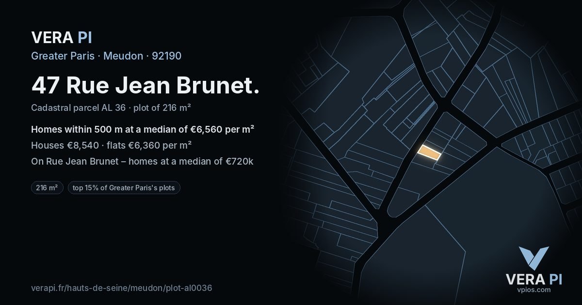 47 Rue Jean Brunet, Meudon at night – the plot lit, the parcels around coloured by the prices near them