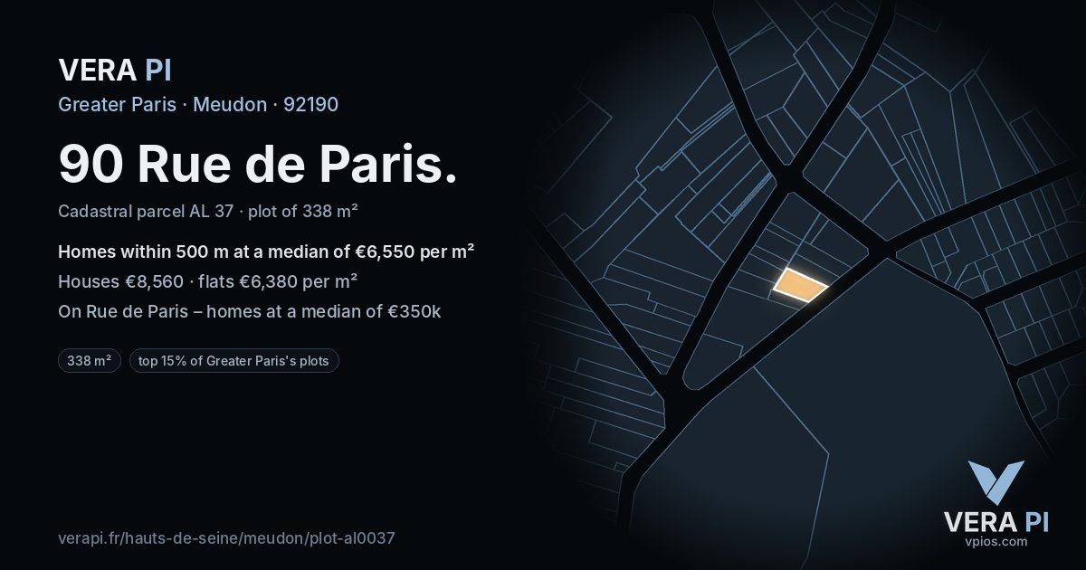90 Rue de Paris, Meudon at night – the plot lit, the parcels around coloured by the prices near them