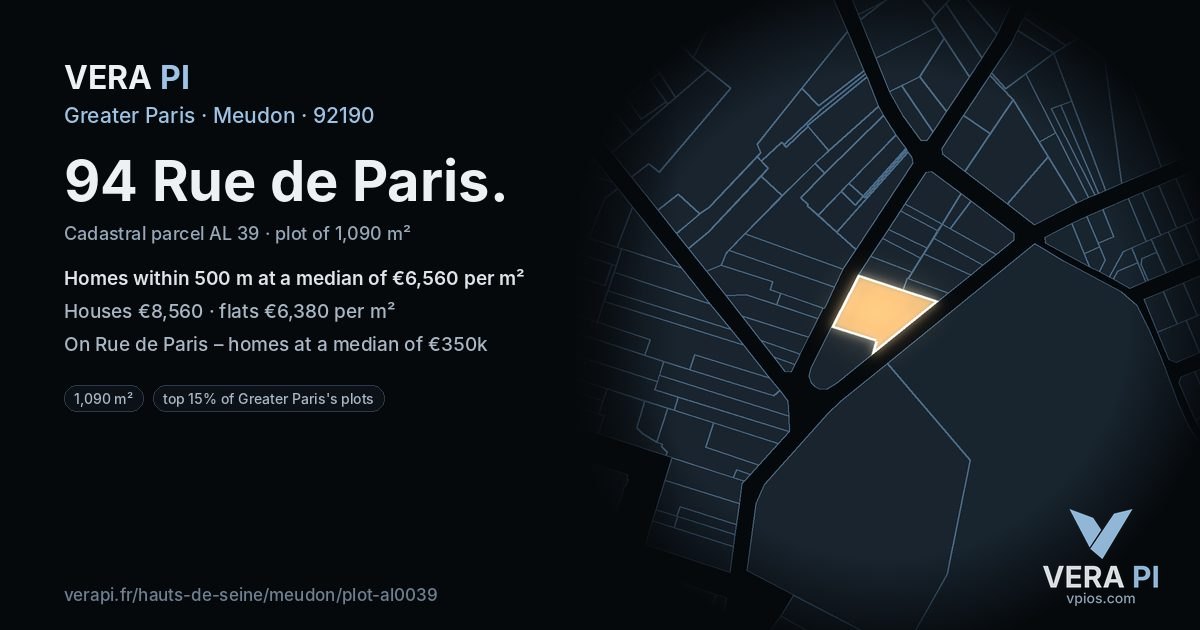 94 Rue de Paris, Meudon at night – the plot lit, the parcels around coloured by the prices near them