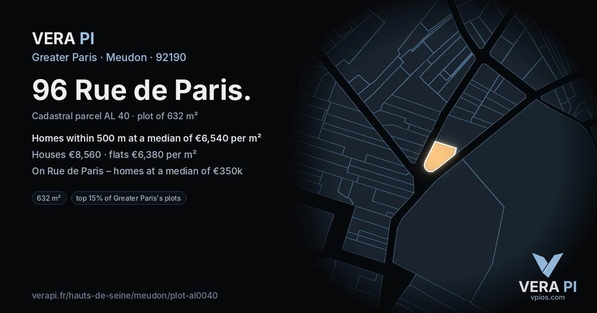 96 Rue de Paris, Meudon at night – the plot lit, the parcels around coloured by the prices near them