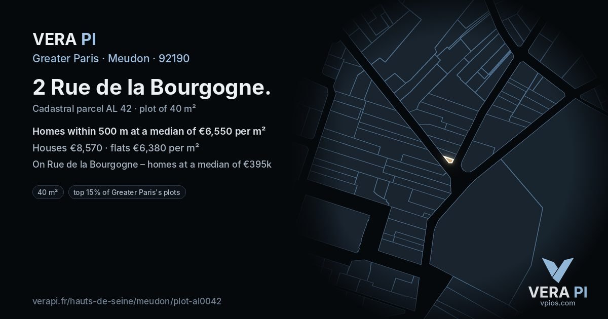 2 Rue de la Bourgogne, Meudon at night – the plot lit, the parcels around coloured by the prices near them