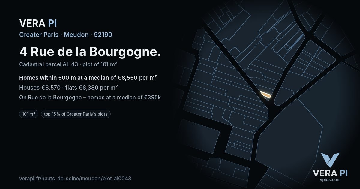 4 Rue de la Bourgogne, Meudon at night – the plot lit, the parcels around coloured by the prices near them