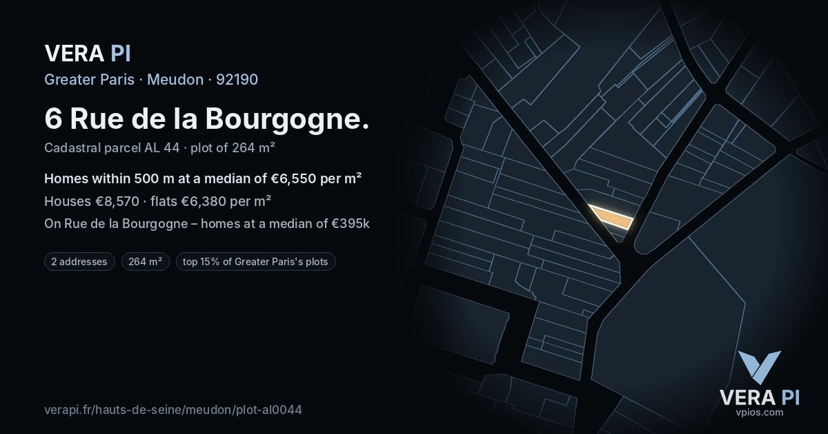 6 Rue de la Bourgogne, Meudon at night – the plot lit, the parcels around coloured by the prices near them