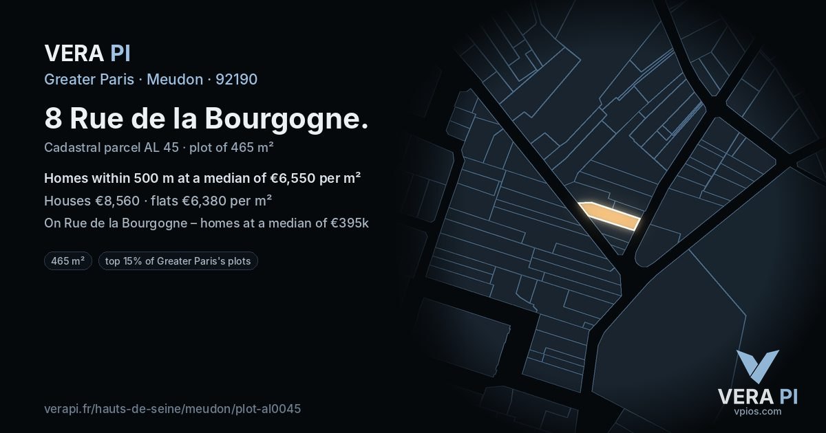 8 Rue de la Bourgogne, Meudon at night – the plot lit, the parcels around coloured by the prices near them