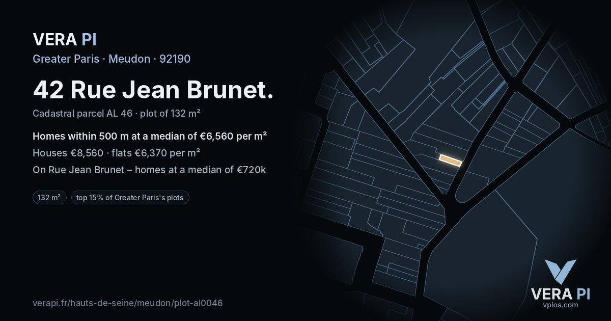 42 Rue Jean Brunet, Meudon at night – the plot lit, the parcels around coloured by the prices near them