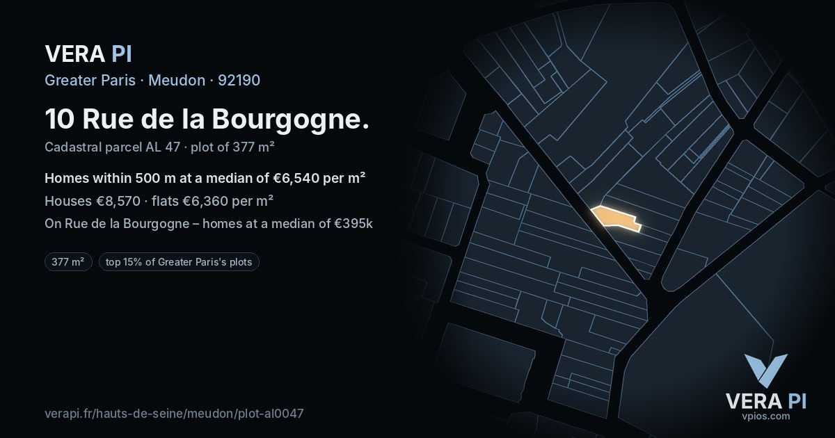 10 Rue de la Bourgogne, Meudon at night – the plot lit, the parcels around coloured by the prices near them