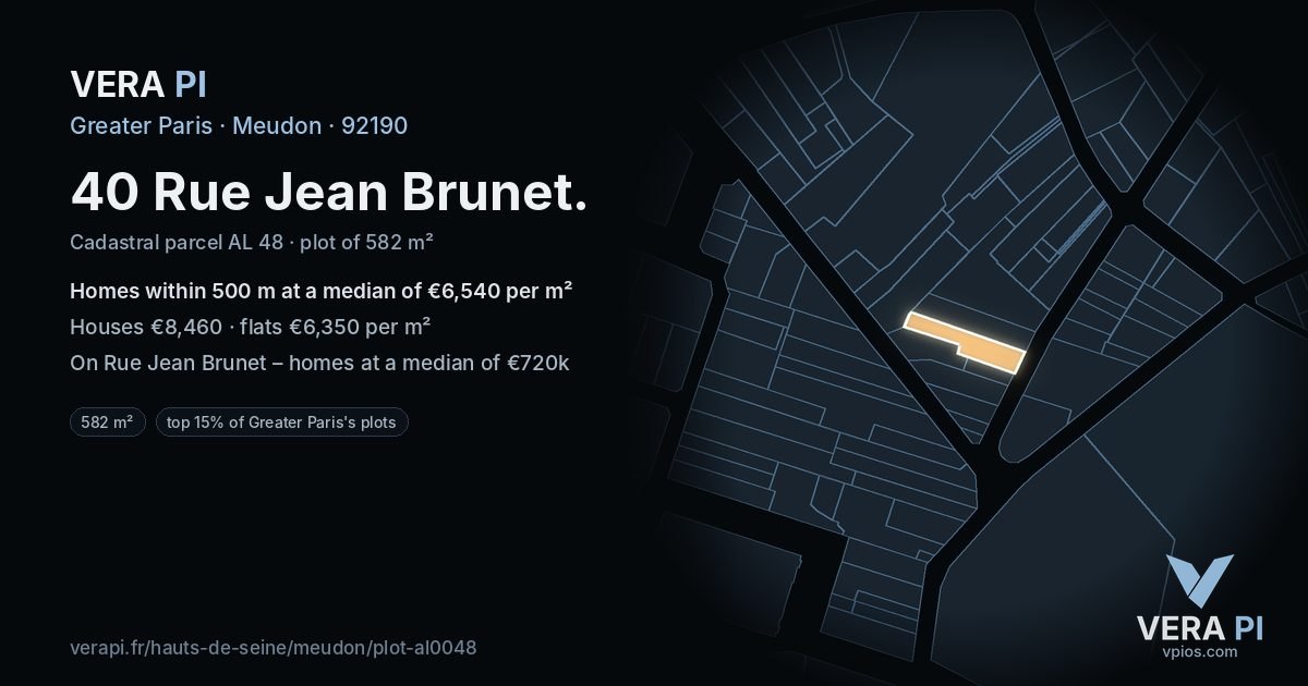 40 Rue Jean Brunet, Meudon at night – the plot lit, the parcels around coloured by the prices near them